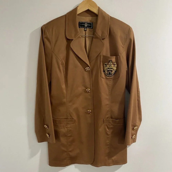 ST.JOHN SPORT Lamé Metal CREST LOGO BROWN BLAZER JACKET size S USA Made - Picture 2 of 9